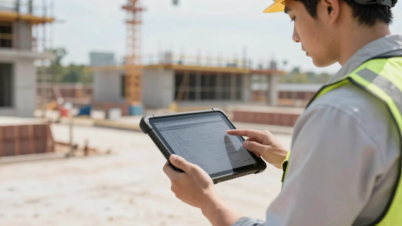 Construction leader reviewing digital documentation on a rugged t